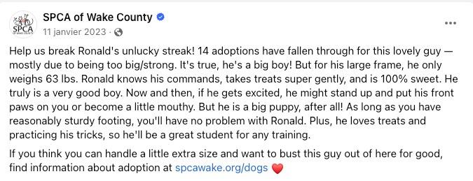 shelter facebook post about ronald situation