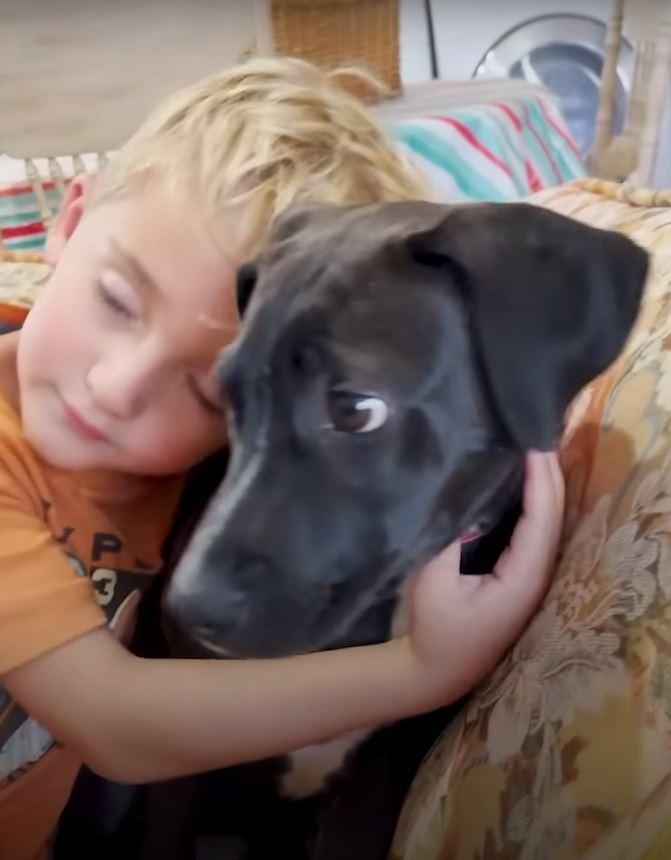 boy and dog cuddling