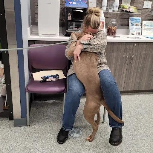 woman hugging dog