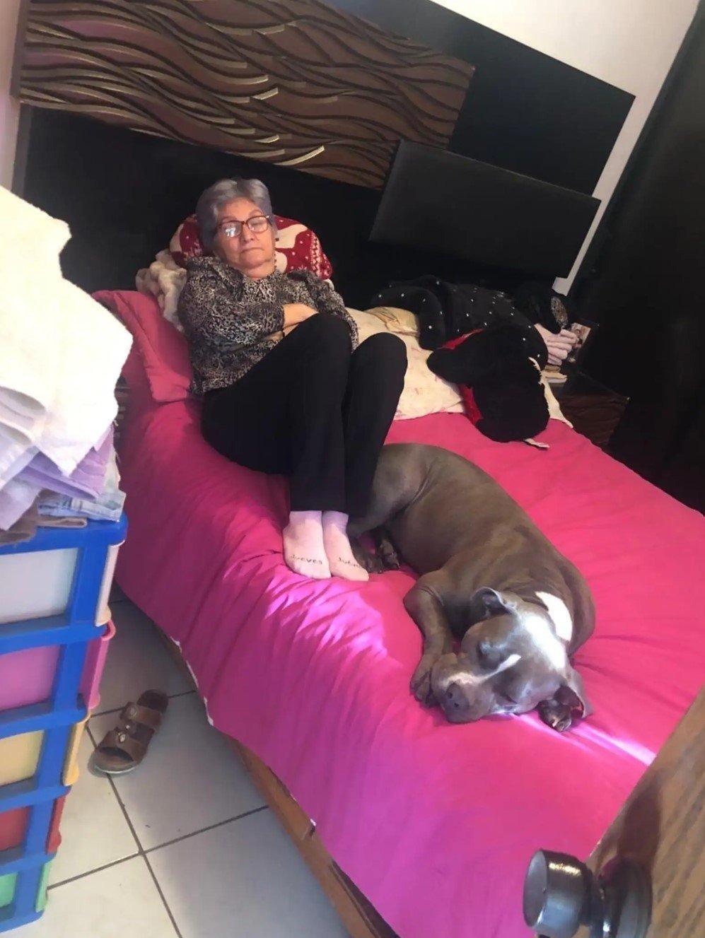 dog and granny on bed