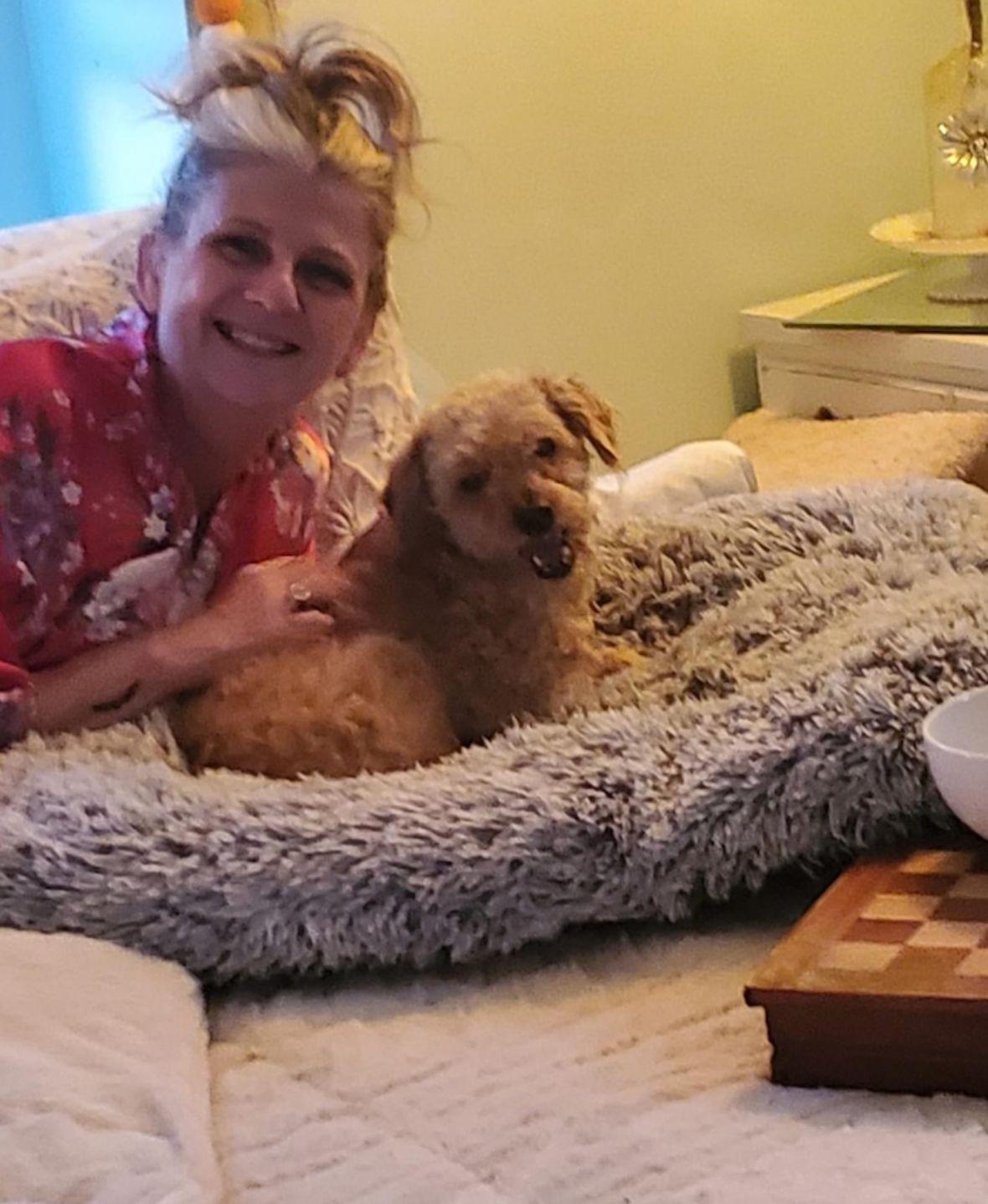 dog lying on bed with his new mom